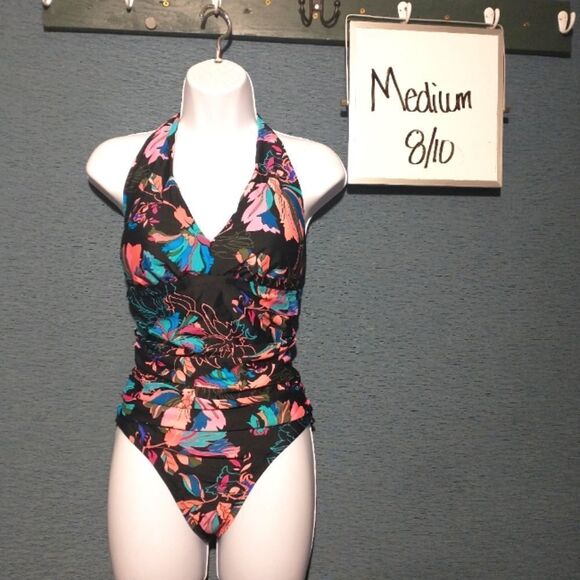 Floral halter swimsuit one piece ruched sides medium - Picture 1 of 3